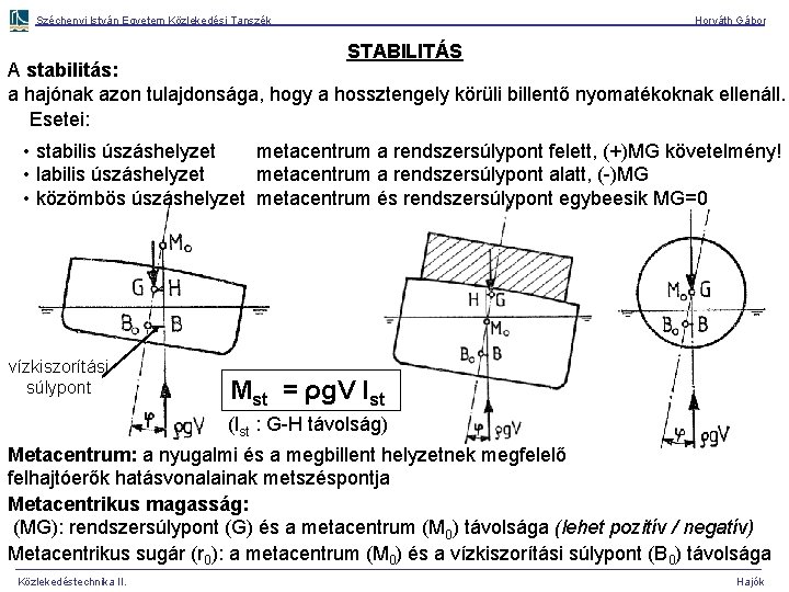 Széchenyi István Egyetem Közlekedési Tanszék Horváth Gábor STABILITÁS A stabilitás: a hajónak azon tulajdonsága,