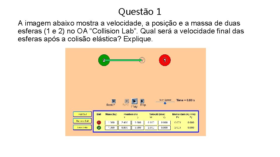 Questão 1 A imagem abaixo mostra a velocidade, a posição e a massa de