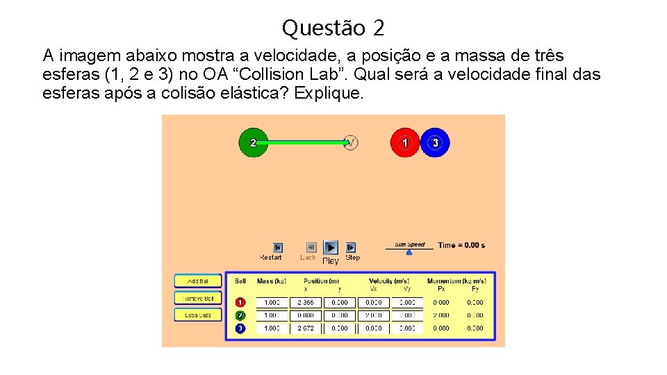 Questão 2 A imagem abaixo mostra a velocidade, a posição e a massa de
