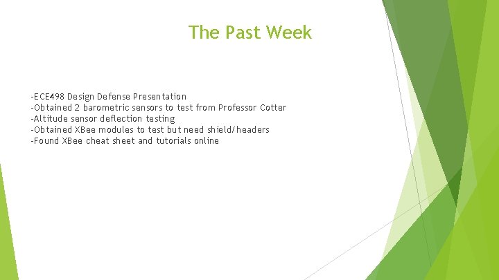 The Past Week -ECE 498 Design Defense Presentation -Obtained 2 barometric sensors to test