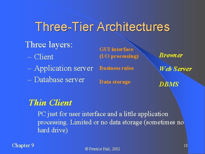Three-Tier Architectures l Three layers: – Client GUI interface (I/O processing) Browser – Application
