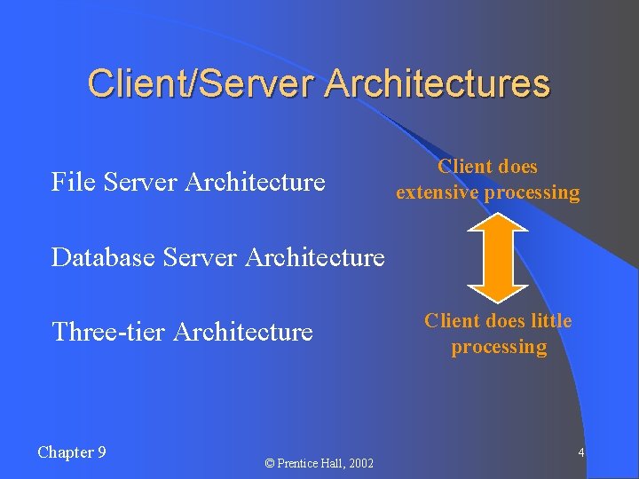 Client/Server Architectures l File Server Architecture l Database Server Architecture l Three-tier Chapter 9