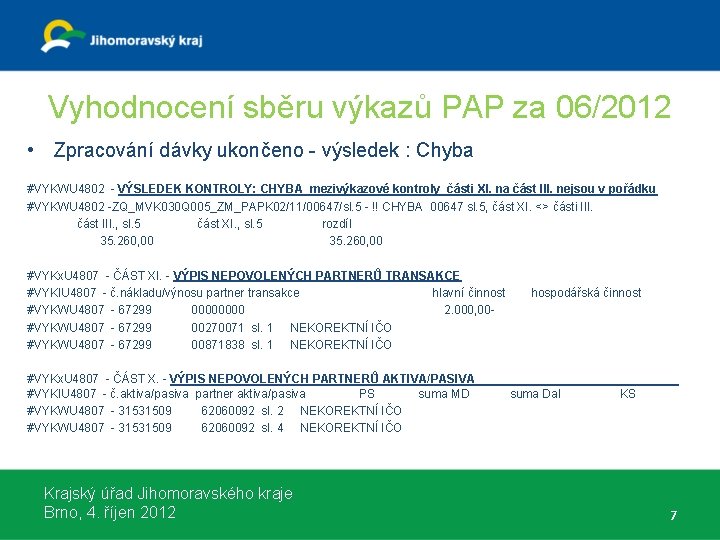 Vyhodnocení sběru výkazů PAP za 06/2012 • Zpracování dávky ukončeno - výsledek : Chyba