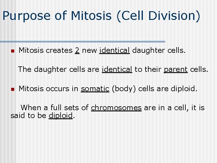 Purpose of Mitosis (Cell Division) n Mitosis creates 2 new identical daughter cells. The