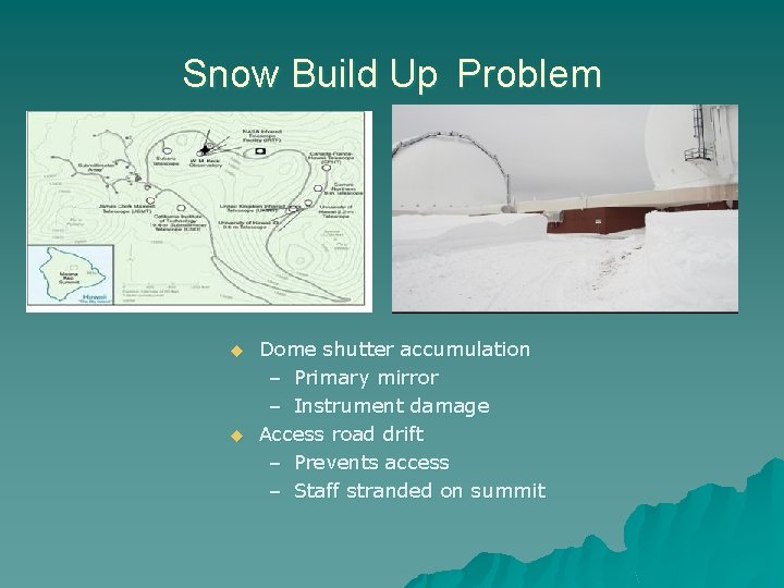 Snow Build Up Problem u u Dome shutter accumulation – Primary mirror – Instrument