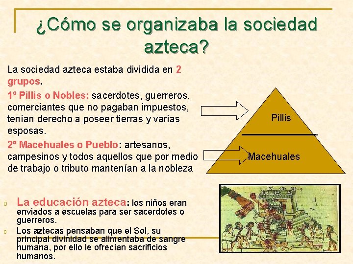 ¿Cómo se organizaba la sociedad azteca? La sociedad azteca estaba dividida en 2 grupos.