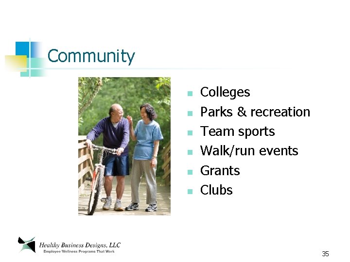 Community n n n Colleges Parks & recreation Team sports Walk/run events Grants Clubs
