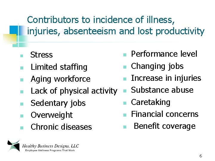 Contributors to incidence of illness, injuries, absenteeism and lost productivity n n n n