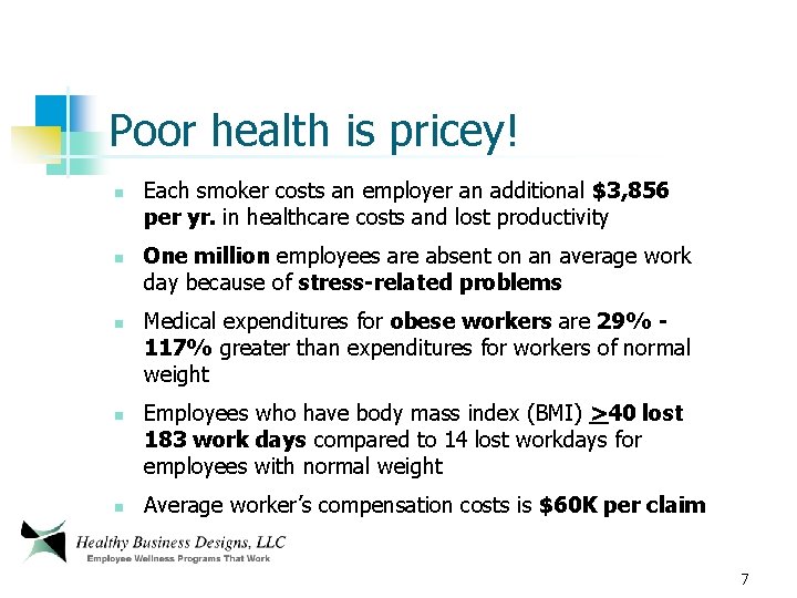 Poor health is pricey! n n n Each smoker costs an employer an additional