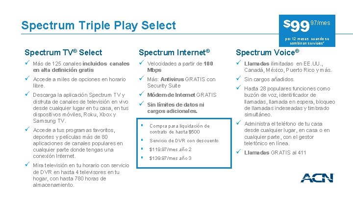 Spectrum Triple Play Select $9997/mes por 12 meses cuando se combinan servicios* Spectrum TV®
