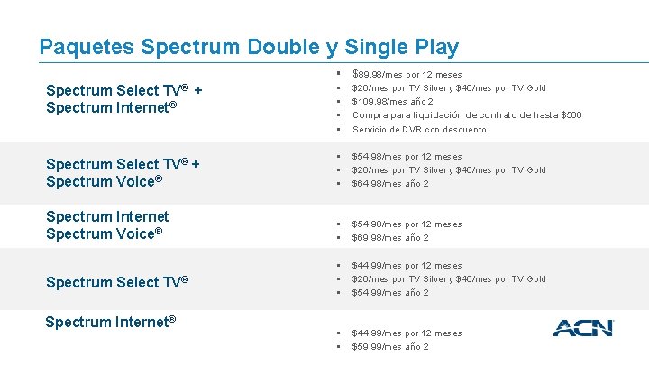 Paquetes Spectrum Double y Single Play § $89. 98/mes por 12 meses § §
