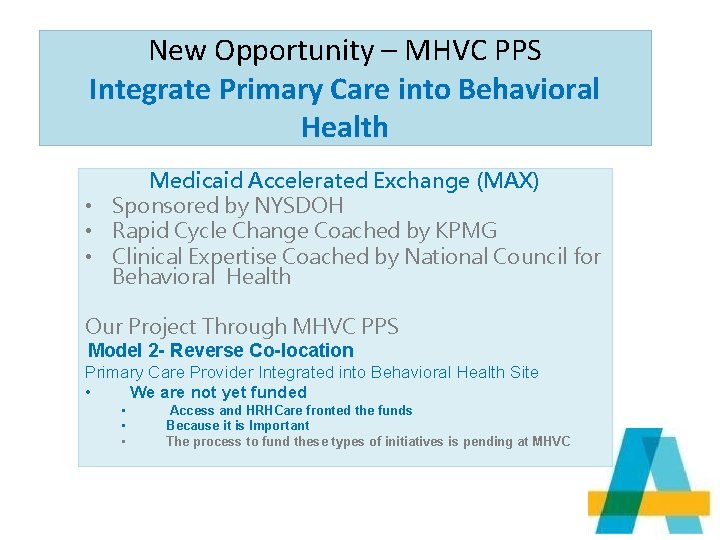 New Opportunity – MHVC PPS Integrate Primary Care into Behavioral Health Medicaid Accelerated Exchange