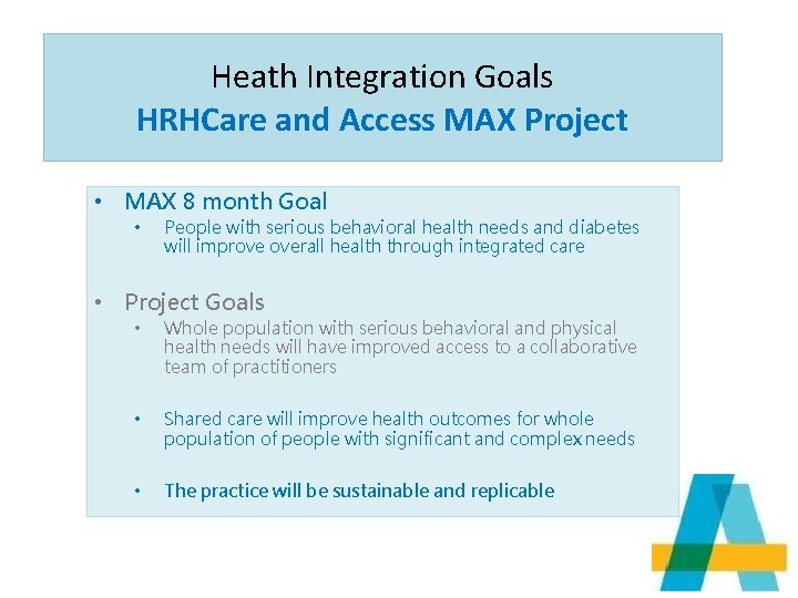 Heath Integration Goals HRHCare and Access MAX Project • MAX 8 month Goal •