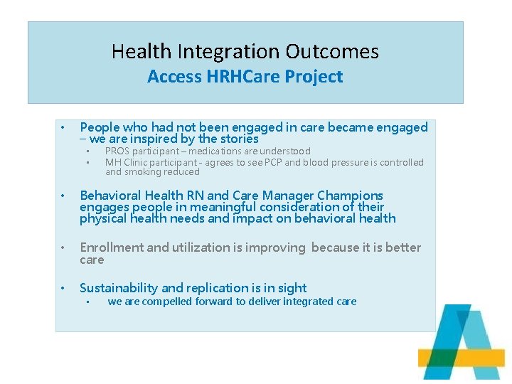 Health Integration Outcomes Access HRHCare Project • People who had not been engaged in