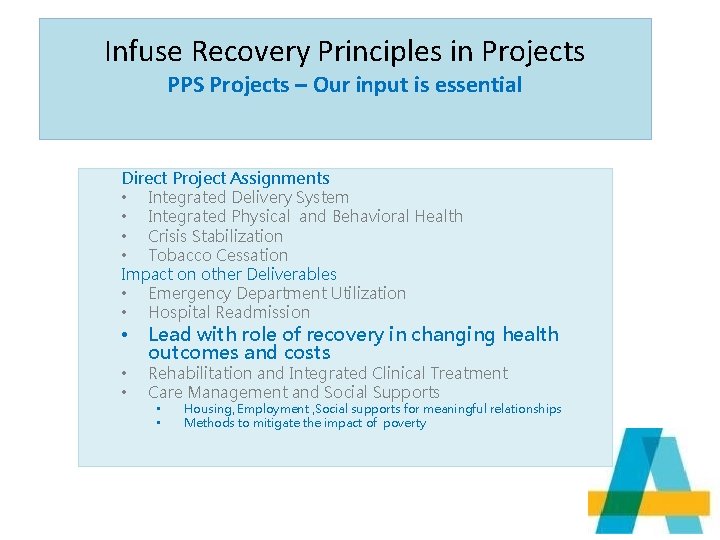 Infuse Recovery Principles in Projects PPS Projects – Our input is essential Direct Project