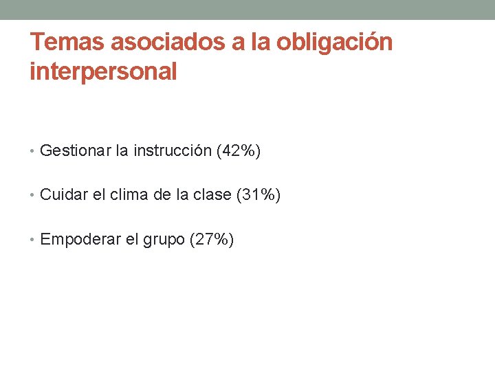 Temas asociados a la obligación interpersonal • Gestionar la instrucción (42%) • Cuidar el