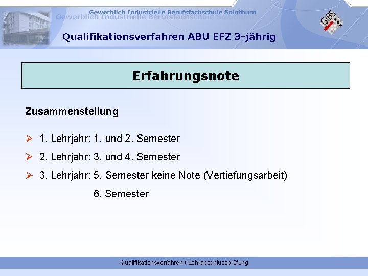 Qualifikationsverfahren ABU EFZ 3 -jährig Erfahrungsnote Zusammenstellung Ø 1. Lehrjahr: 1. und 2. Semester