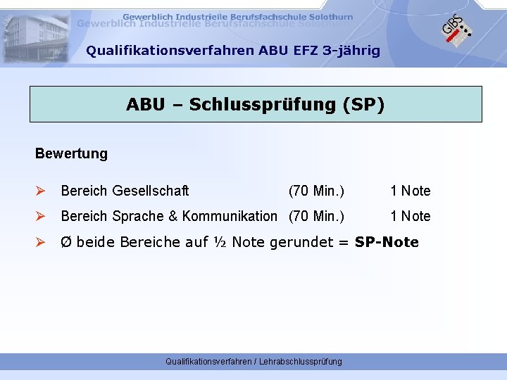 Qualifikationsverfahren ABU EFZ 3 -jährig ABU – Schlussprüfung (SP) Bewertung Ø Bereich Gesellschaft (70