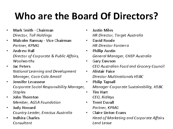 Who are the Board Of Directors? • • • Mark Smith - Chairman Director,