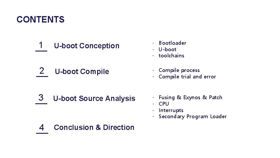 CONTENTS 1 U-boot Conception 2 U-boot Compile 3 U-boot Source Analysis 4 Conclusion &