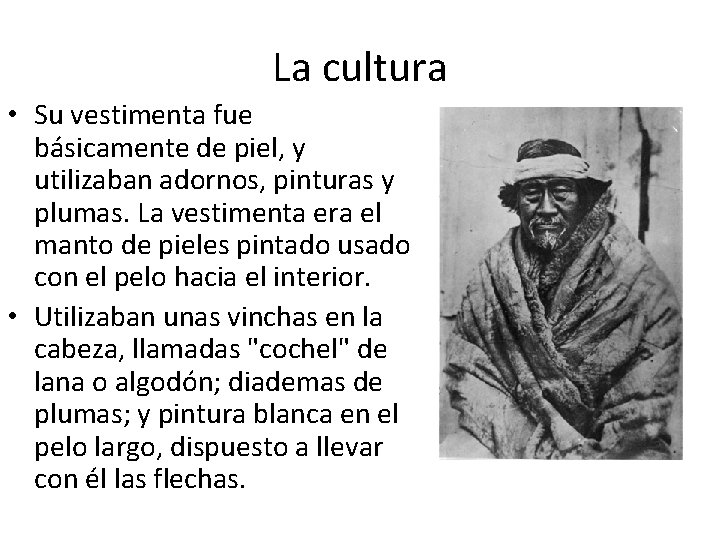 La cultura • Su vestimenta fue básicamente de piel, y utilizaban adornos, pinturas y