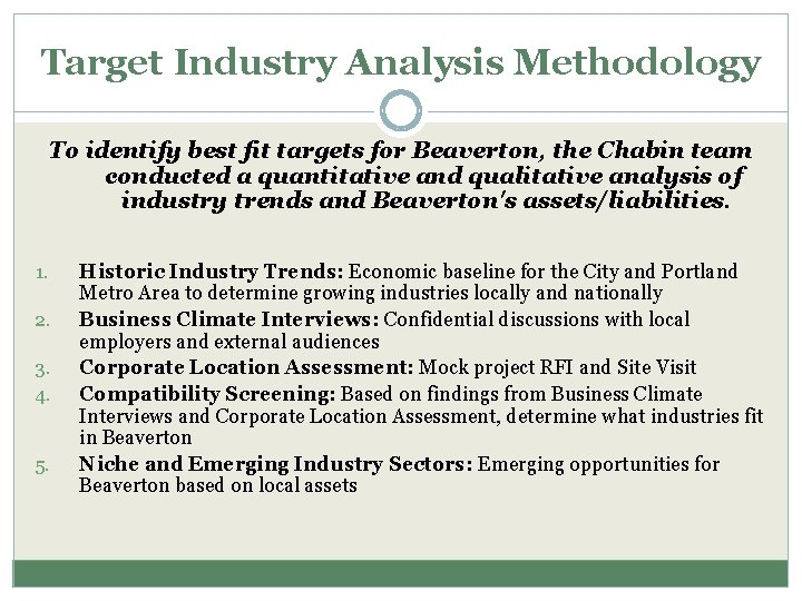 Target Industry Analysis Methodology To identify best fit targets for Beaverton, the Chabin team