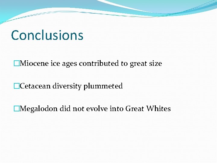 Conclusions �Miocene ice ages contributed to great size �Cetacean diversity plummeted �Megalodon did not