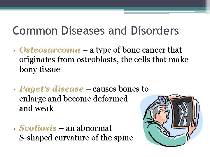 Common Diseases and Disorders • Osteosarcoma – a type of bone cancer that originates