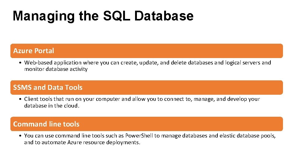 Managing the SQL Database Azure Portal • Web-based application where you can create, update,
