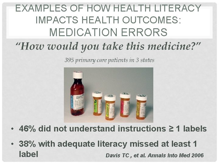 EXAMPLES OF HOW HEALTH LITERACY IMPACTS HEALTH OUTCOMES: MEDICATION ERRORS • 46% did not