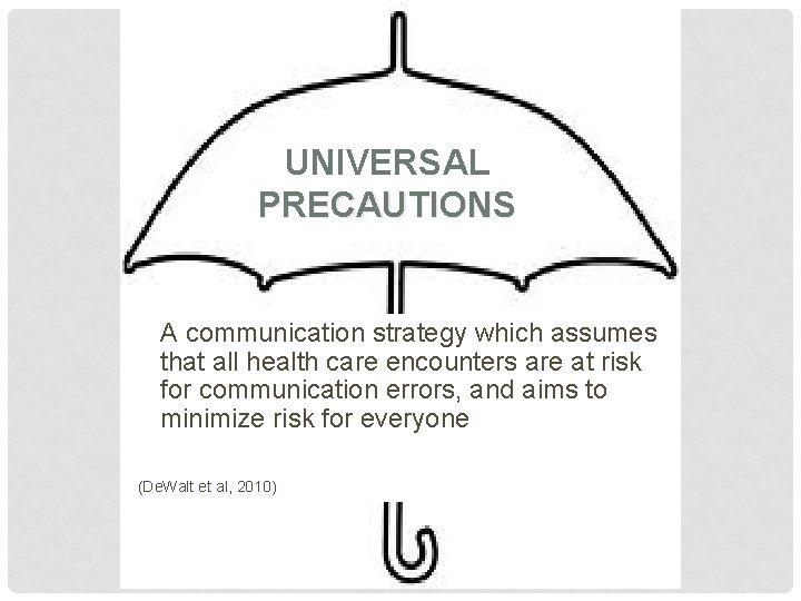 UNIVERSAL PRECAUTIONS A communication strategy which assumes that all health care encounters are at