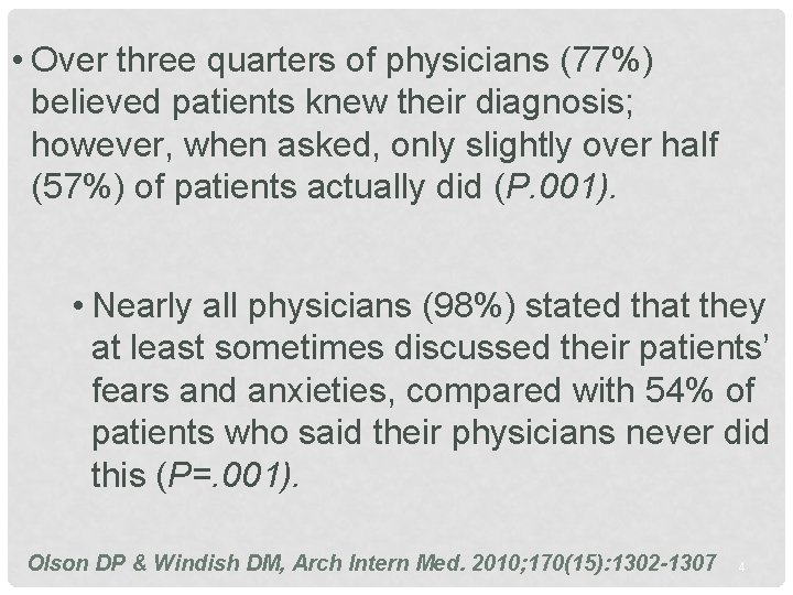  • Over three quarters of physicians (77%) believed patients knew their diagnosis; however,