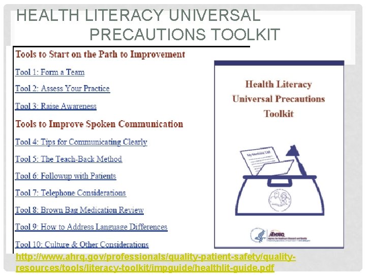 HEALTH LITERACY UNIVERSAL PRECAUTIONS TOOLKIT http: //www. ahrq. gov/professionals/quality-patient-safety/qualityresources/tools/literacy-toolkit/impguide/healthlit-guide. pdf 