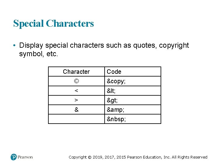 Special Characters • Display special characters such as quotes, copyright symbol, etc. Character Code