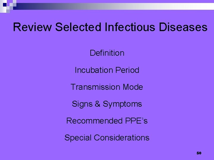 Review Selected Infectious Diseases Definition Incubation Period Transmission Mode Signs & Symptoms Recommended PPE’s