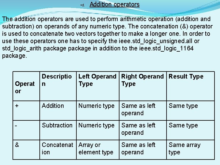 • d. Addition operators The addition operators are used to perform arithmetic operation • d. Addition operators The addition operators are used to perform arithmetic operation