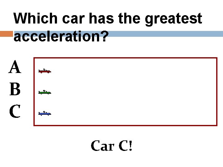 Which car has the greatest acceleration? A B C Car C! 