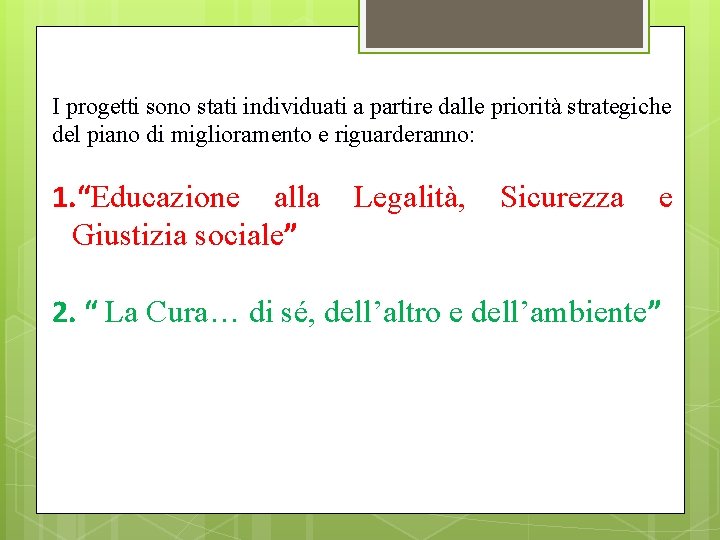 I progetti sono stati individuati a partire dalle priorità strategiche del piano di miglioramento