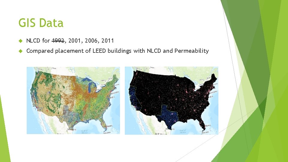 GIS Data NLCD for 1992, 2001, 2006, 2011 Compared placement of LEED buildings with