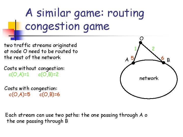 A similar game: routing congestion game two traffic streams originated at node O need