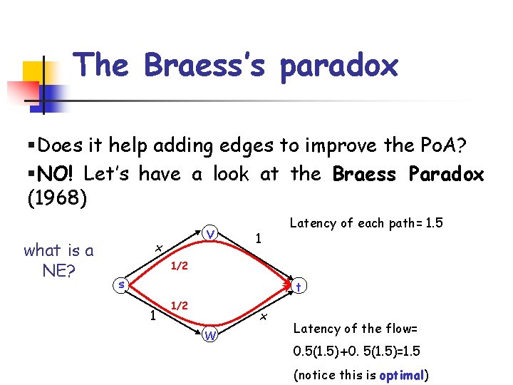 The Braess’s paradox §Does it help adding edges to improve the Po. A? §NO!