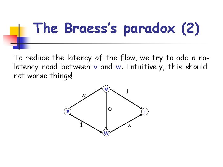 The Braess’s paradox (2) To reduce the latency of the flow, we try to