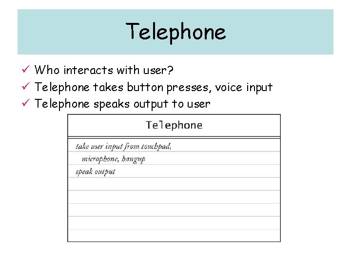 Telephone ü Who interacts with user? ü Telephone takes button presses, voice input ü