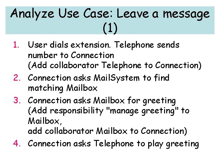 Analyze Use Case: Leave a message (1) 1. User dials extension. Telephone sends number