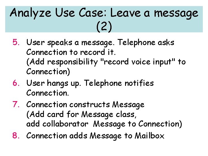 Analyze Use Case: Leave a message (2) 5. User speaks a message. Telephone asks
