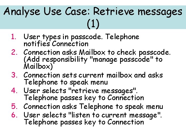 Analyse Use Case: Retrieve messages (1) 1. User types in passcode. Telephone notifies Connection Analyse Use Case: Retrieve messages (1) 1. User types in passcode. Telephone notifies Connection