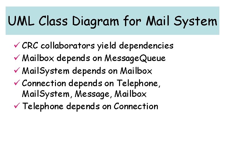 UML Class Diagram for Mail System ü CRC collaborators yield dependencies ü Mailbox depends UML Class Diagram for Mail System ü CRC collaborators yield dependencies ü Mailbox depends