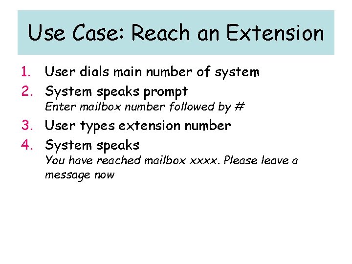 Use Case: Reach an Extension 1. User dials main number of system 2. System