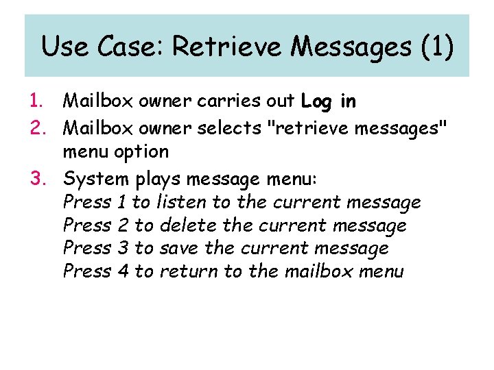 Use Case: Retrieve Messages (1) 1. Mailbox owner carries out Log in 2. Mailbox