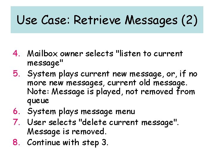 Use Case: Retrieve Messages (2) 4. Mailbox owner selects "listen to current message" 5.